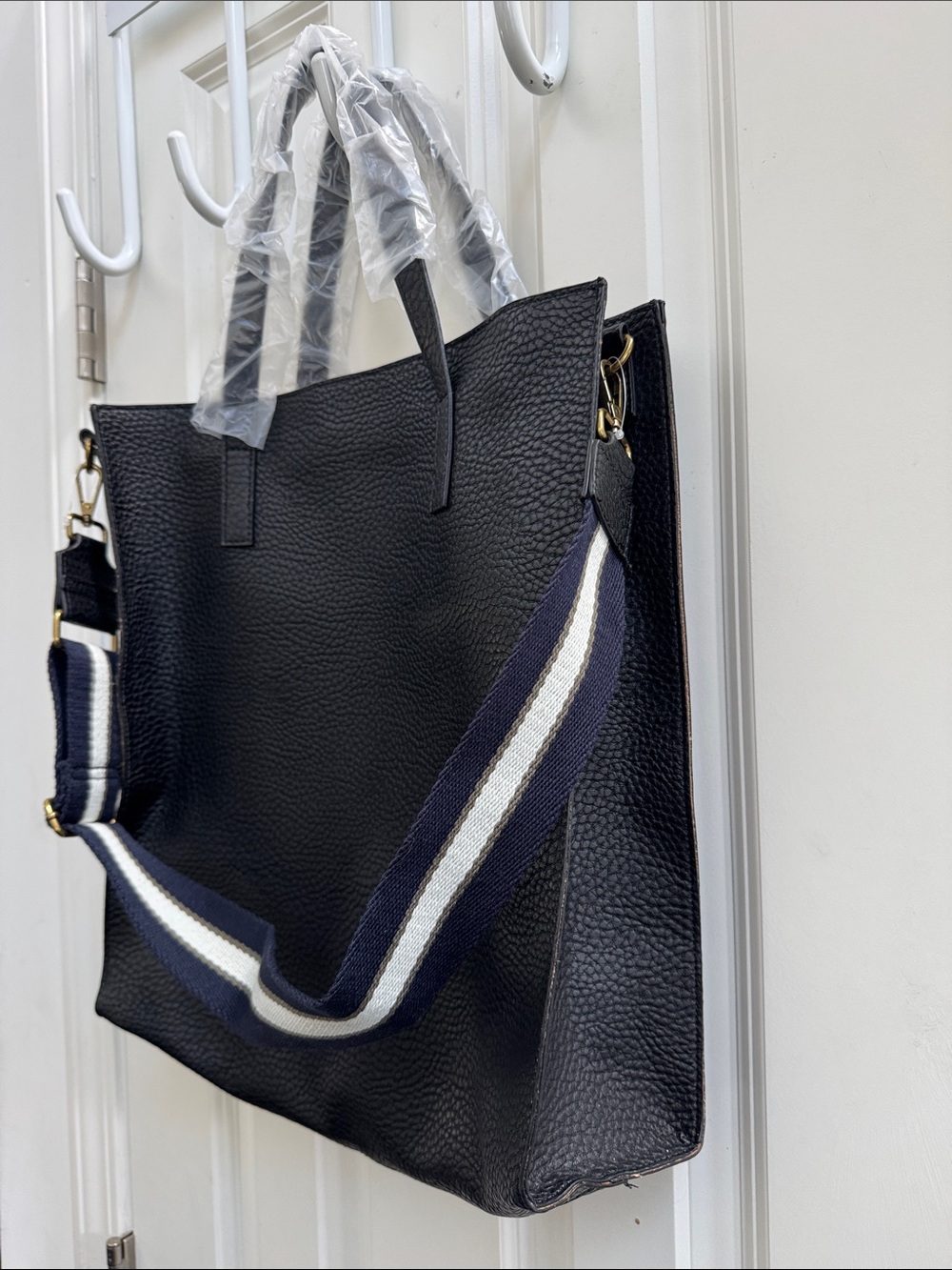 Barneys New York Black Pebble Leather Tote with Striped Navy-White Strap - Picture 3 of 10